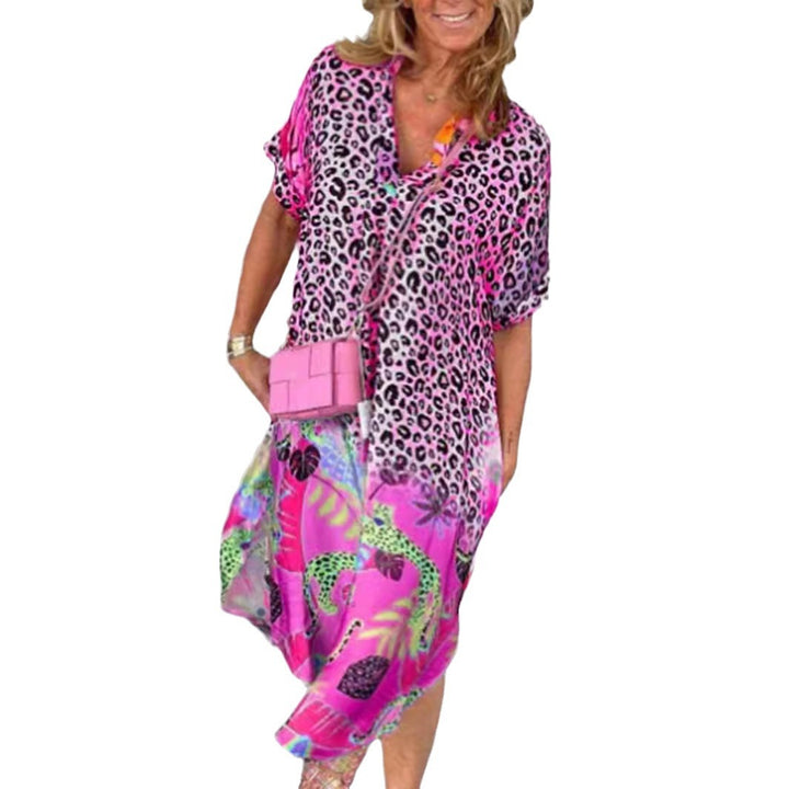 Damen nan locker sitzendes V-Ausschnitt Midikleid mit Leopardenmuster und Tropenmotiv Drune