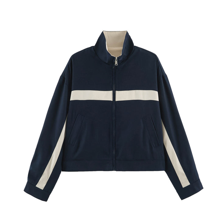 Unisex Kurz geschnittene Trackjacke mit Stehkragen, Kontraststreifen und Reißverschluss Drune