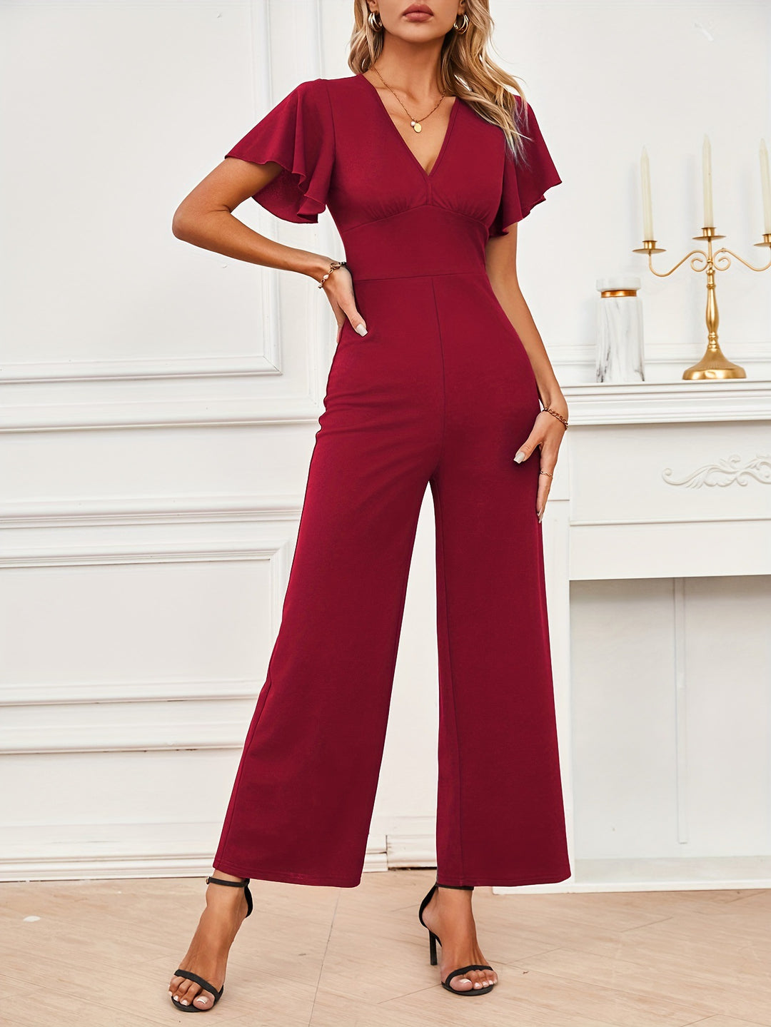 Damen eleganter Jumpsuit mit weitem Bein und Rüschendetails Drune