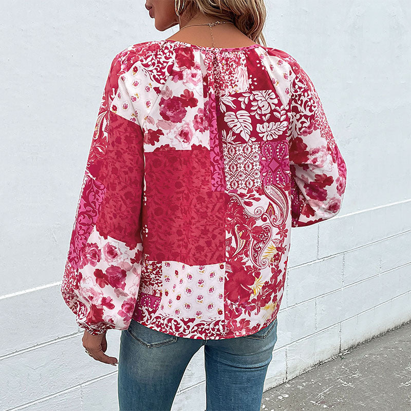 Damen Patchwork-Bluse mit V-Ausschnitt, BindDruneändern und Ballonärmeln Drune