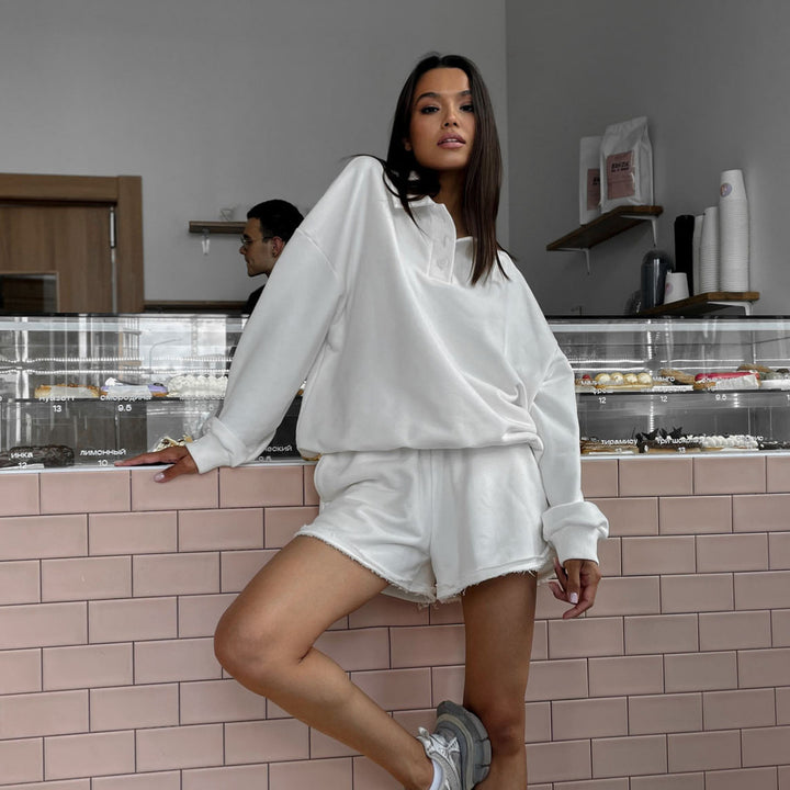 Damen Relaxed-Frottee-Loungewear-Set mit Oversize-Sweatshirt und ausgefransten Shorts Drune