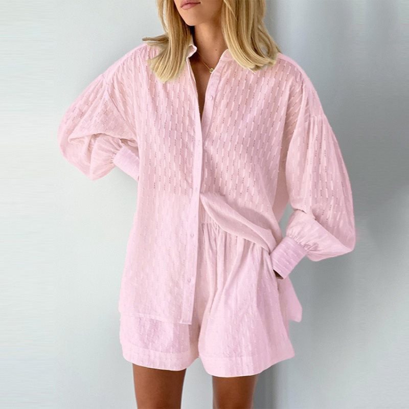 Damen lässiges Oversized Hemd mit Struktur und kurzen Hosen Drune