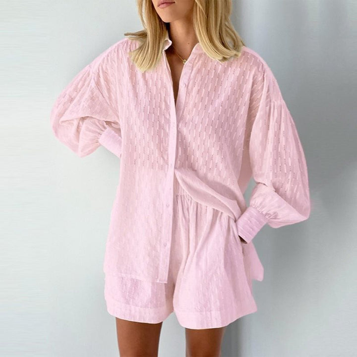 Damen lässiges Oversized Hemd mit Struktur und kurzen Hosen Drune