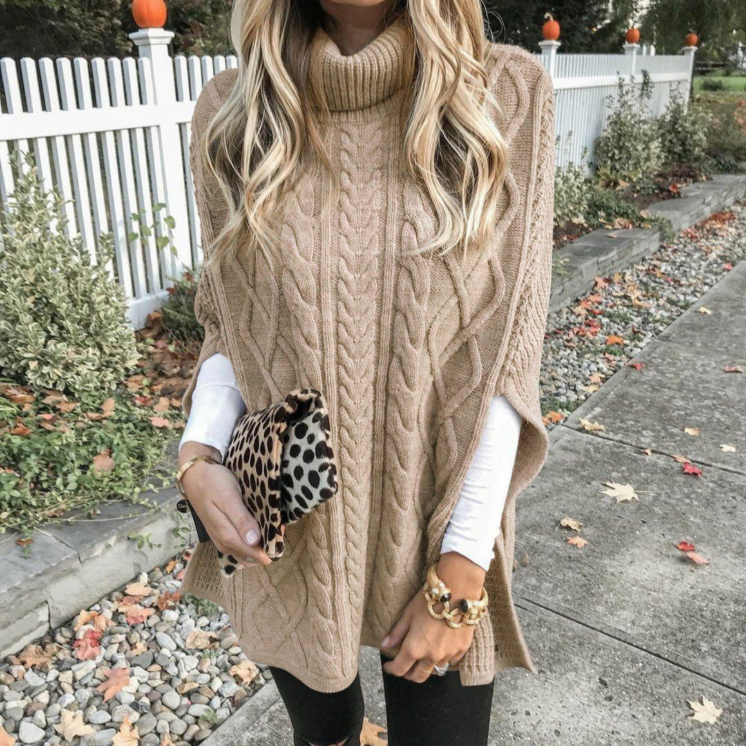 Damen Grobstrick-Poncho mit hohem Kragen und Zopf-Design Drune