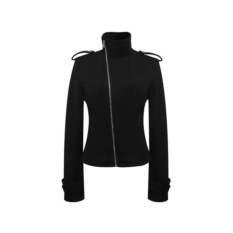 Damen Figurnahe Zip-Jacke mit Stehkragen, asymmetrischem Reißverschluss und Schulterklappen Drune