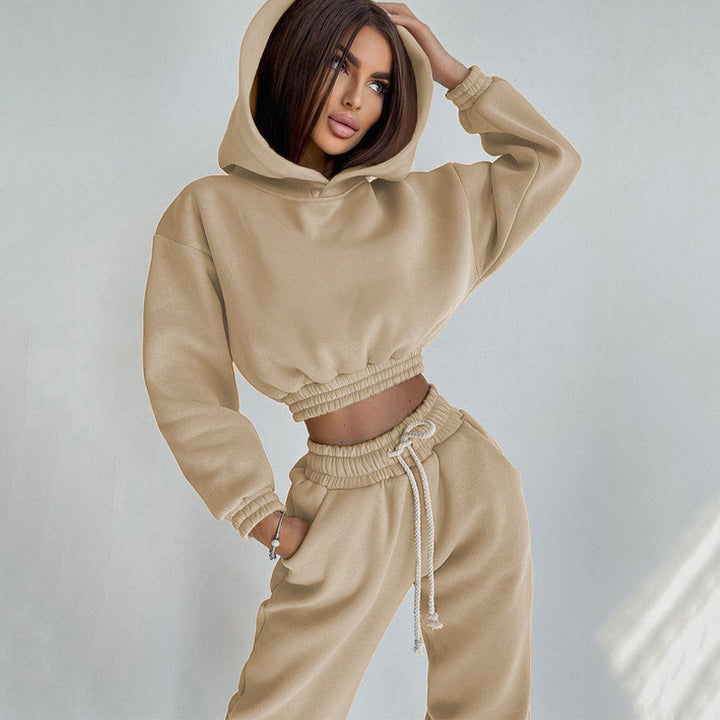 Damen cropped Kapuzen-Sweatset mit elastischem Rippbund und High-Waist Jogginghose Drune