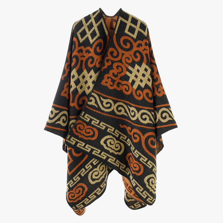 Damen Oversize-Jacquard-Umhang mit ethno-inspiriertem Ornamentmuster Drune