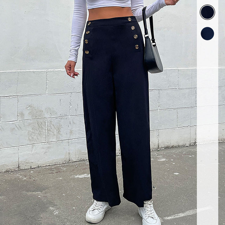 Damen High‑Waist Palazzo‑Hose mit maritim inspirierter Zierknopfleiste und weitem Bein Drune