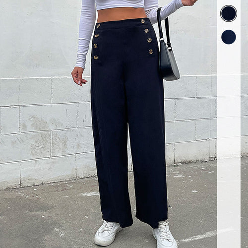 Damen High‑Waist Palazzo‑Hose mit maritim inspirierter Zierknopfleiste und weitem Bein Drune