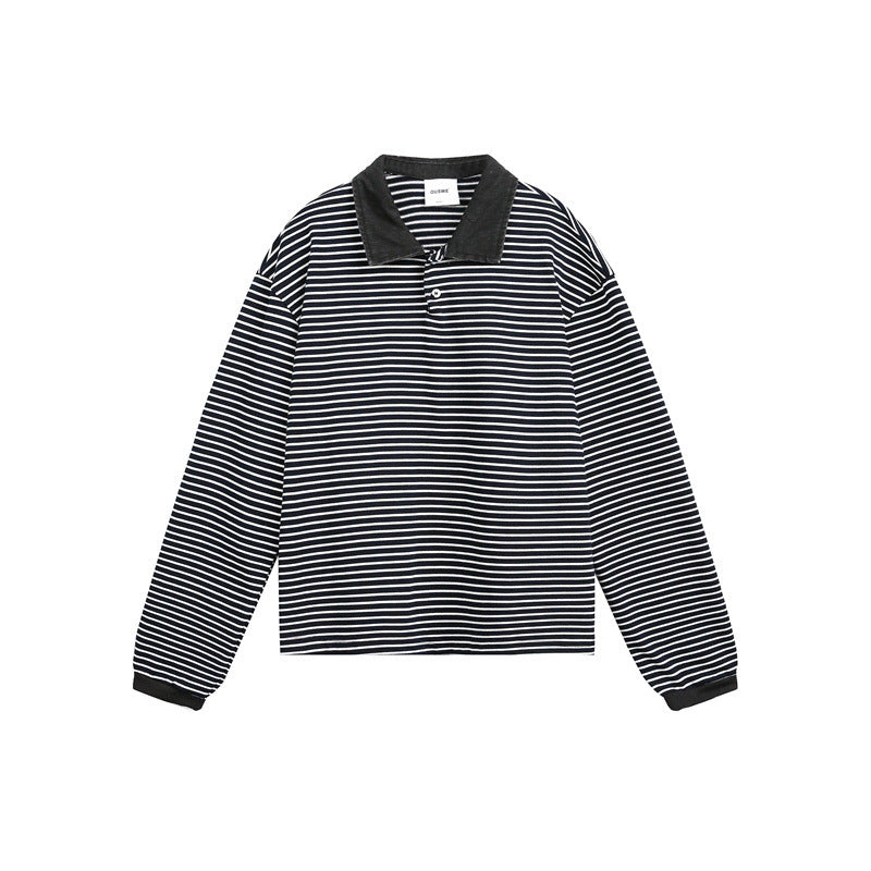 Unisex Relaxed-Rugby-Poloshirt mit Cordkragen und feinem Ringelstrick Drune