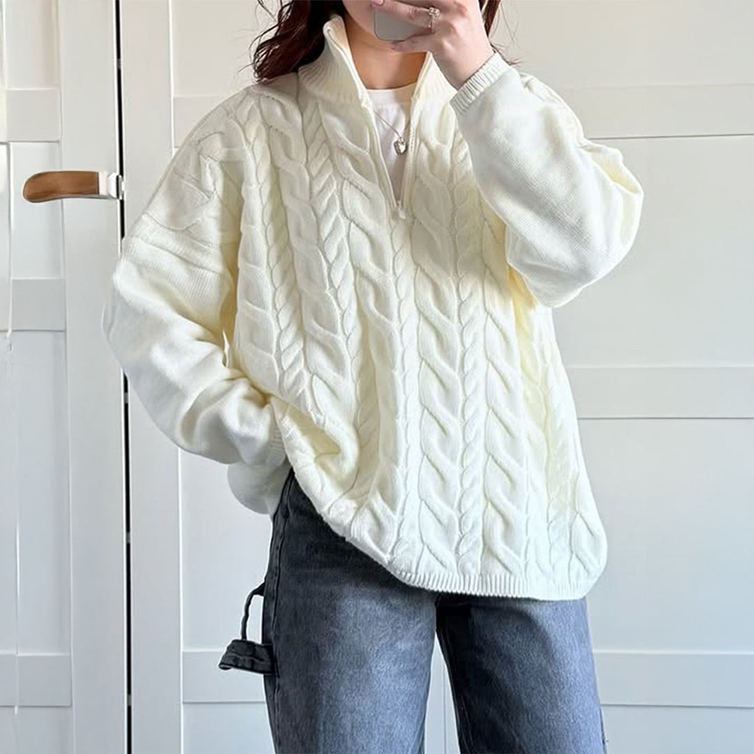 Damen nan oversized Zopfmuster-Troyer mit halbem Reißverschluss, hohem Stehkragen und gerundetem Saum Drune