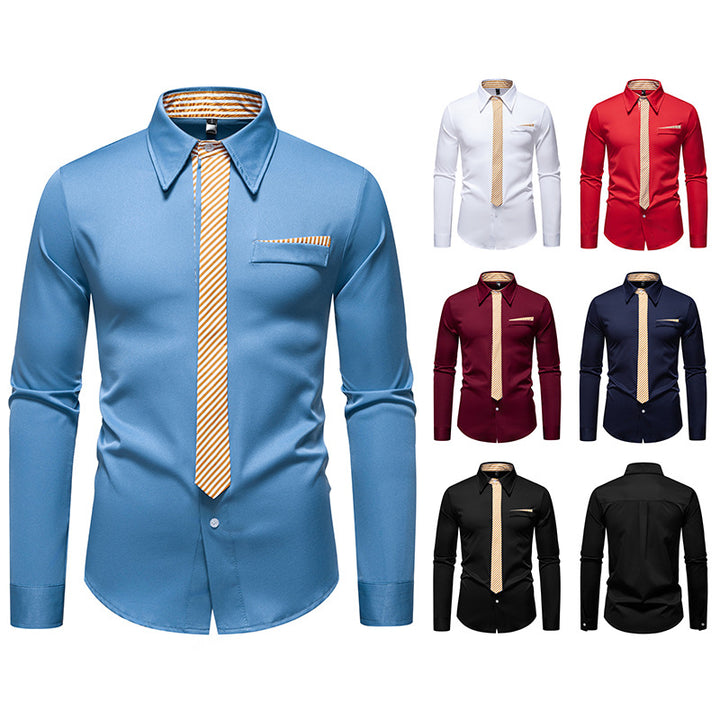Herren Slim-Fit Businesshemd mit integrierter Krawatten-Optik und Brusttasche Drune