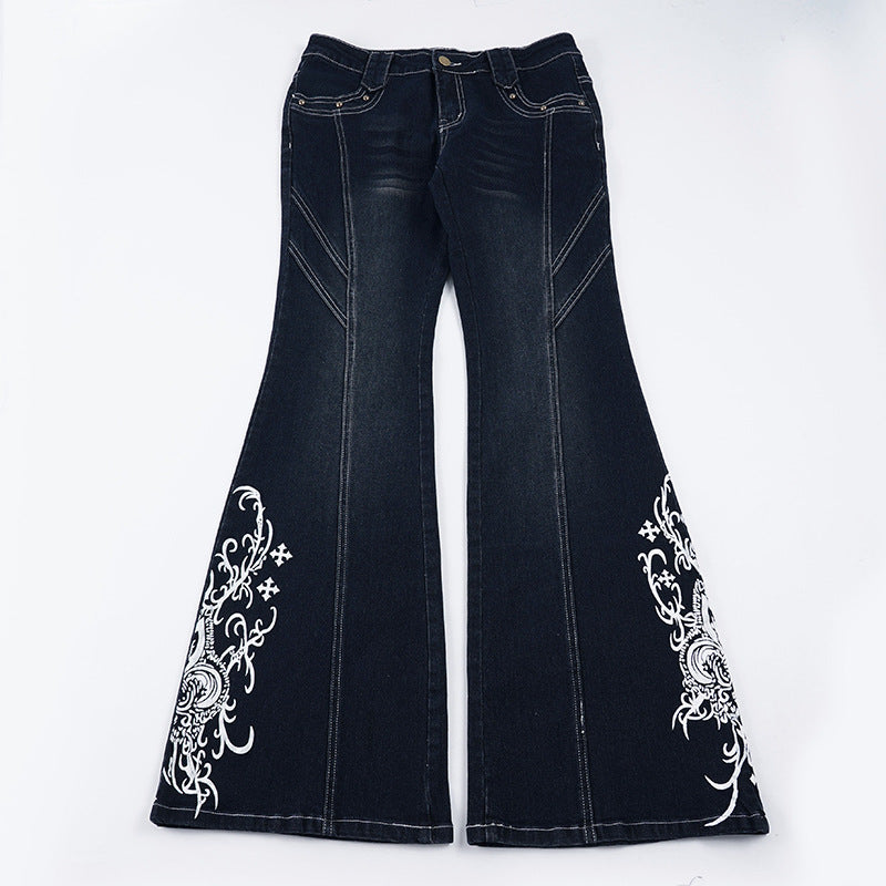 Damen Schlagjeans mit hoher Taille, dekorativer Seitenstickerei und ausgestelltem Bootcut Drune