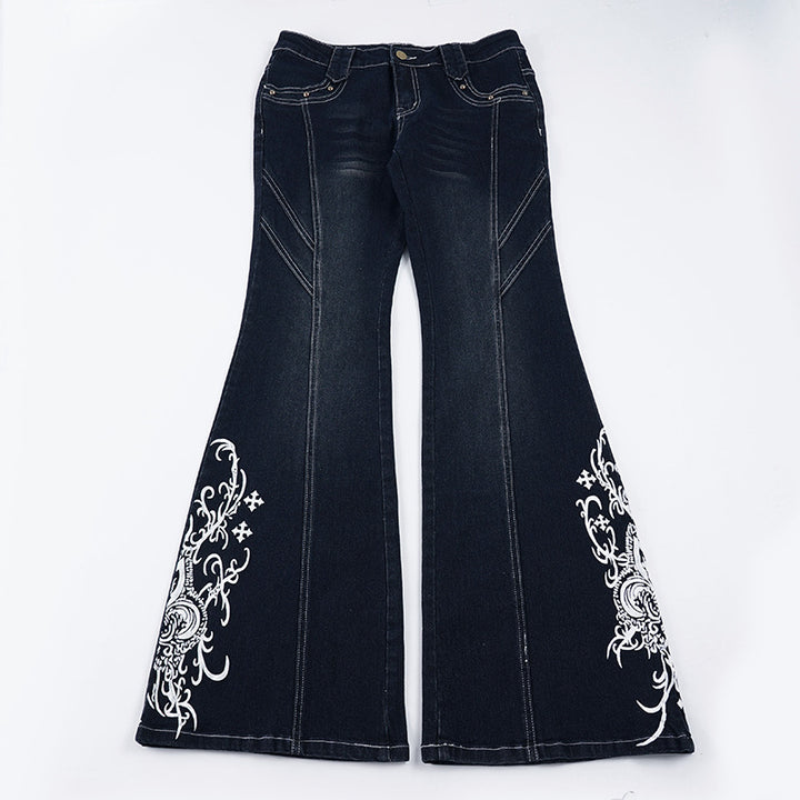 Damen Schlagjeans mit hoher Taille, dekorativer Seitenstickerei und ausgestelltem Bootcut Drune