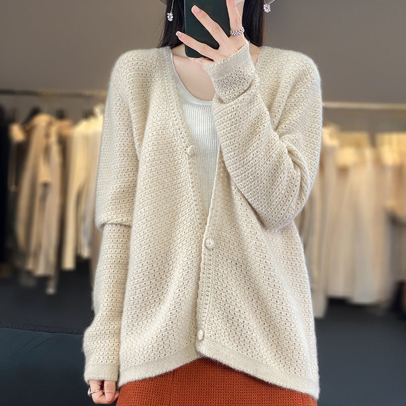 Damen Offener Ajour-Strickcardigan mit dezentem Flauschfinish und kastiger Oversize-Silhouette Drune