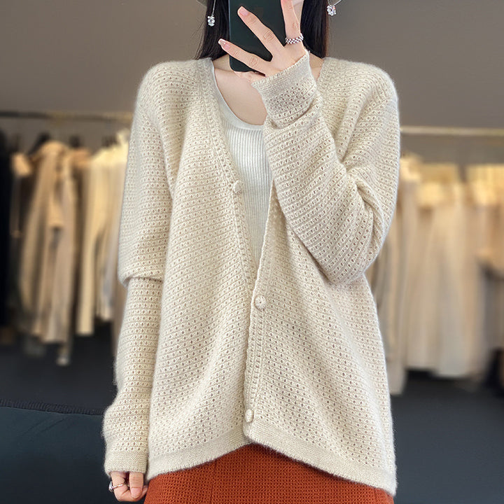 Damen Offener Ajour-Strickcardigan mit dezentem Flauschfinish und kastiger Oversize-Silhouette Drune