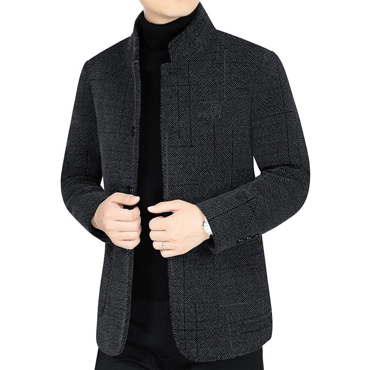Herren Sakko-Jacke im Blazer-Look mit Stehkragen und Fischgrätstruktur Drune