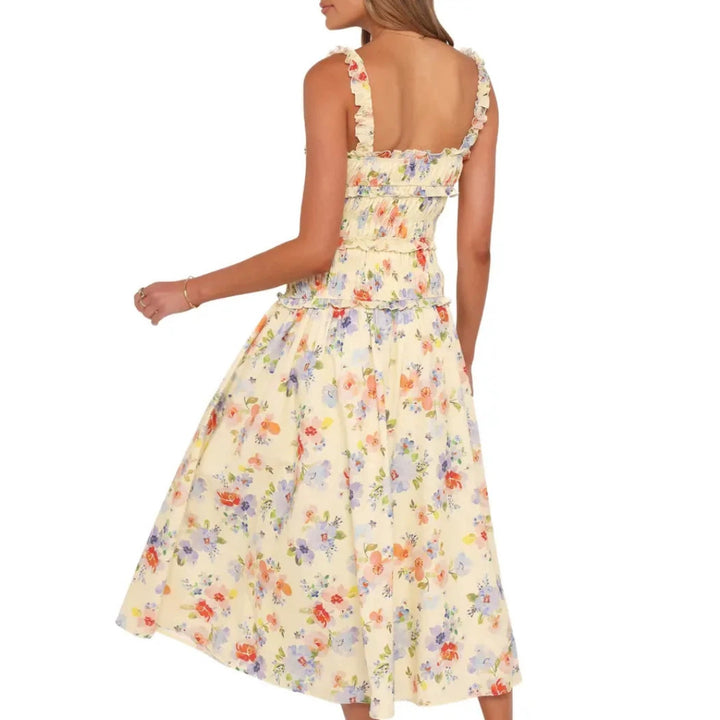 Damen nan luftig-leichte Stufenmidikleid mit gerafftem Oberteil und Rüschen-Trägern Drune