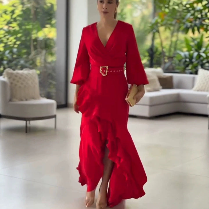 Damen Elegantes Wickel-Maxikleid mit Volants, tailliertem Gürtel & weitem Glockenärmel Drune