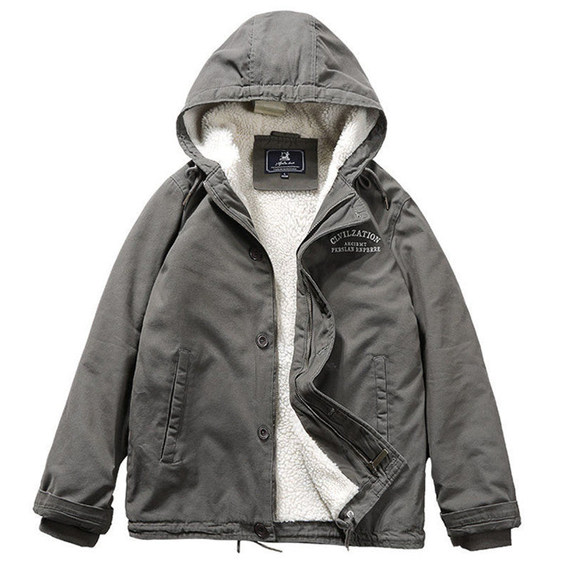 Herren Kapuzenjacke im Vintage-Worker-Stil mit Sherpa‑Futter Drune