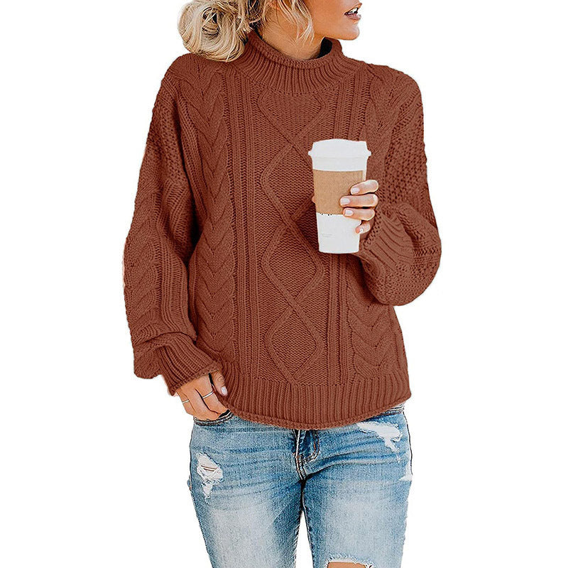 Damen Grobstrickpullover mit hohem Kragen und Zopfmuster Drune