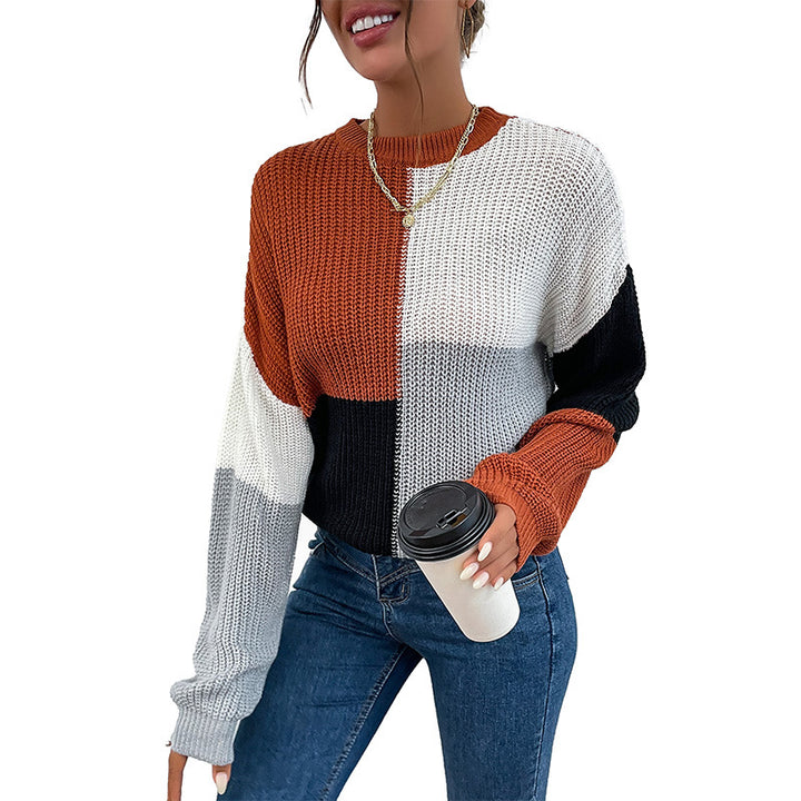 Damen Grobgestrickter Colorblock-Pullover Oversize mit Rundhals & Ballonärmeln Drune