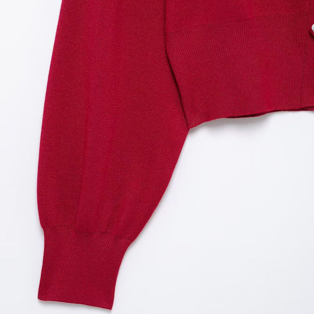 Damen Cropped Strickcardigan mit Ballonärmeln und Herz‑Zierknöpfen Drune