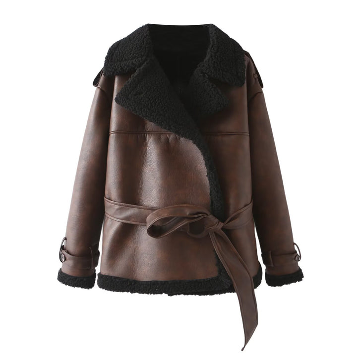 Damen Taillierter Aviator-Mantel aus Kunstleder mit Teddyfutter und Bindegürtel Drune