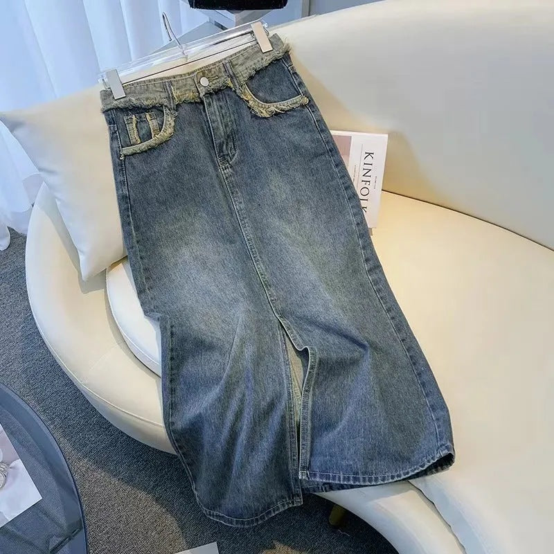 Damen Modischer Denim-Midi-Rock mit Frontschlitz Drune