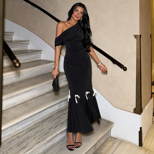 Damen Elegantes Maxikleid mit asymmetrischem One-Shoulder Design und verspielten Rüschendetails Drune