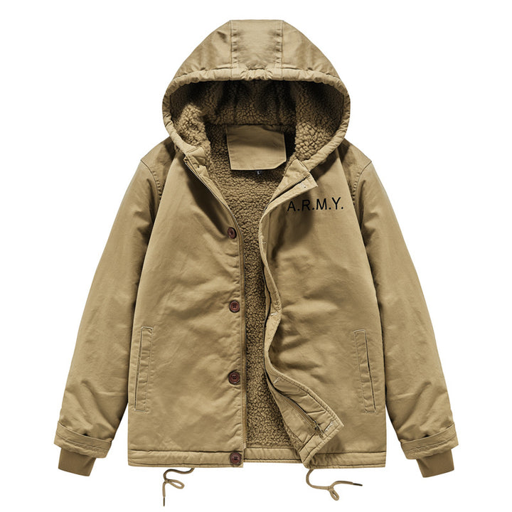 Herren nan gefütterte Fieldjacke mit Kapuze, Teddyfutter, verdeckter Reißverschluss und Kordelzug Drune
