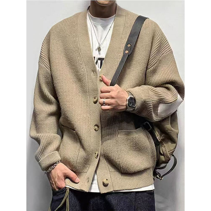 Herren Oversized Strickcardigan mit Ellenbogen-Patches und aufgesetzten Taschen Drune