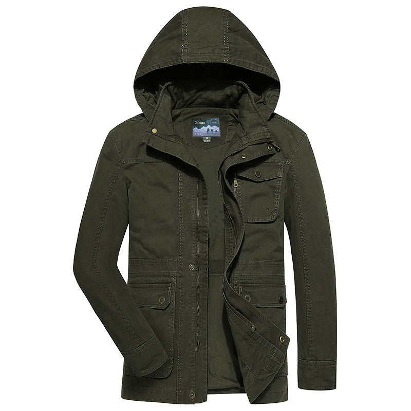 Herren robuste Canvas-Feldjacke mit Kapuze, Mehrfach-Taschen und verstärkten Nähten Drune