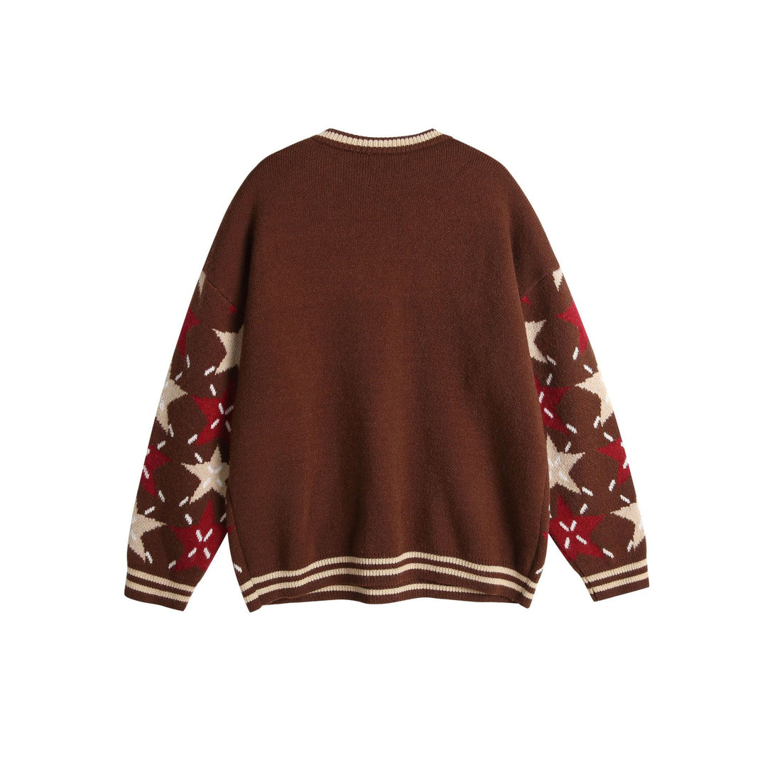 Unisex Grobgestrickter Oversize-Pullover mit Stern-Intarsien und gesticktem Logopatch Drune