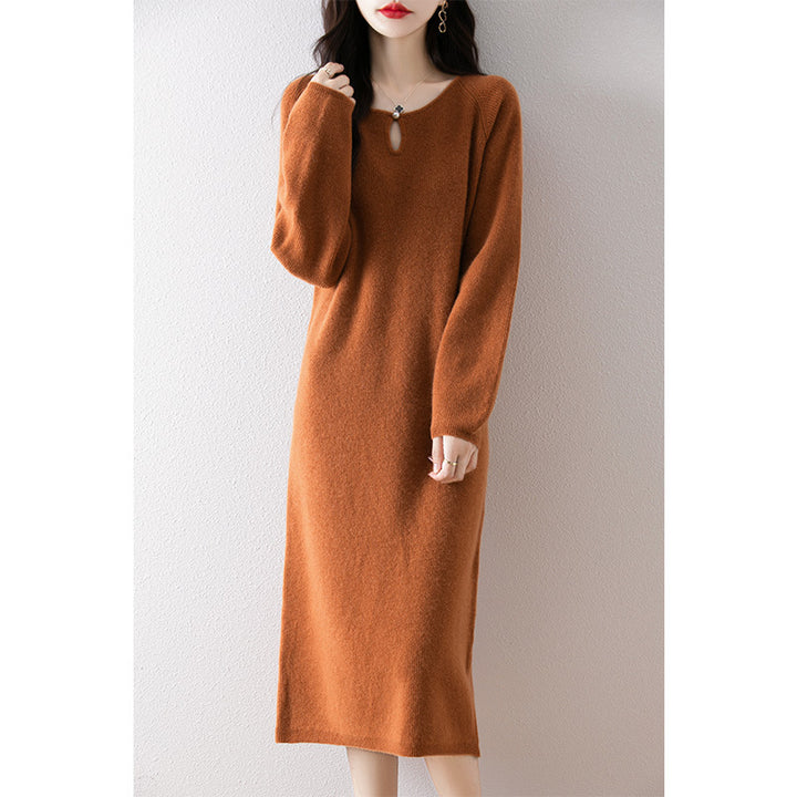 Damen gemütliches Strickkleid mit tiefem Ausschnitt und eleganter Schnittführung Drune