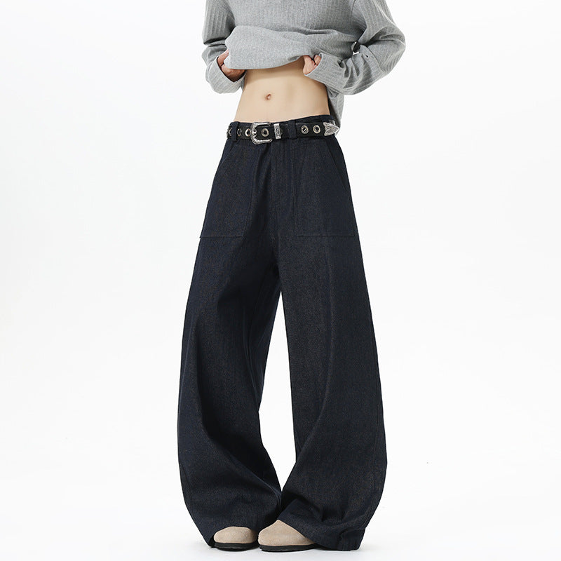 Damen Weite High Waist Denimhose mit extra weitem Bein und aufgesetzten Vordertaschen Drune