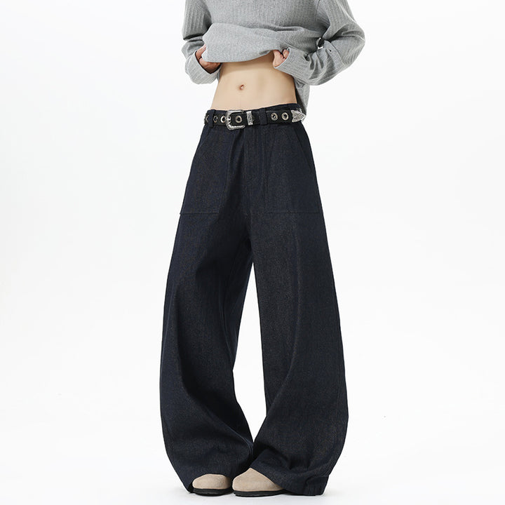 Damen Weite High Waist Denimhose mit extra weitem Bein und aufgesetzten Vordertaschen Drune