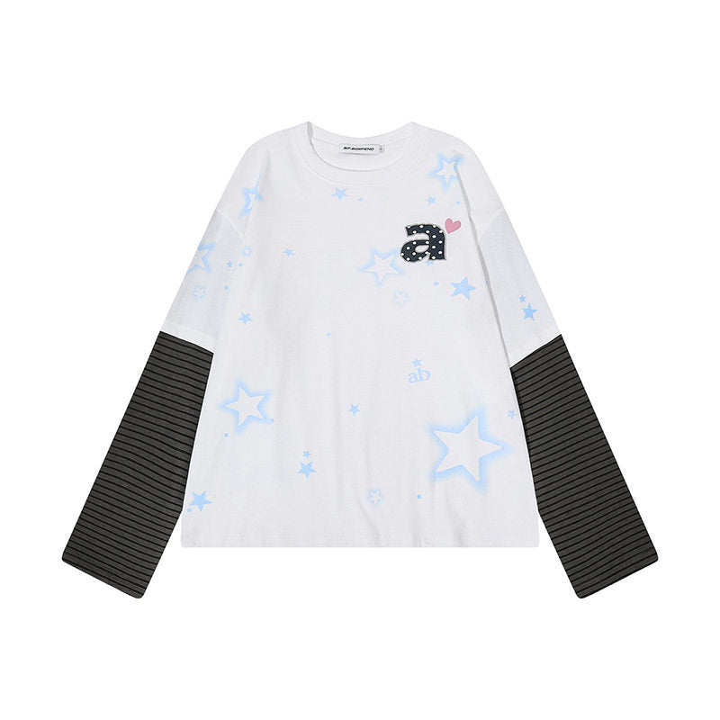 Damen Layered-Langarmshirt mit gestreiften Einsatzärmeln, Stern-Print und Applikation Drune