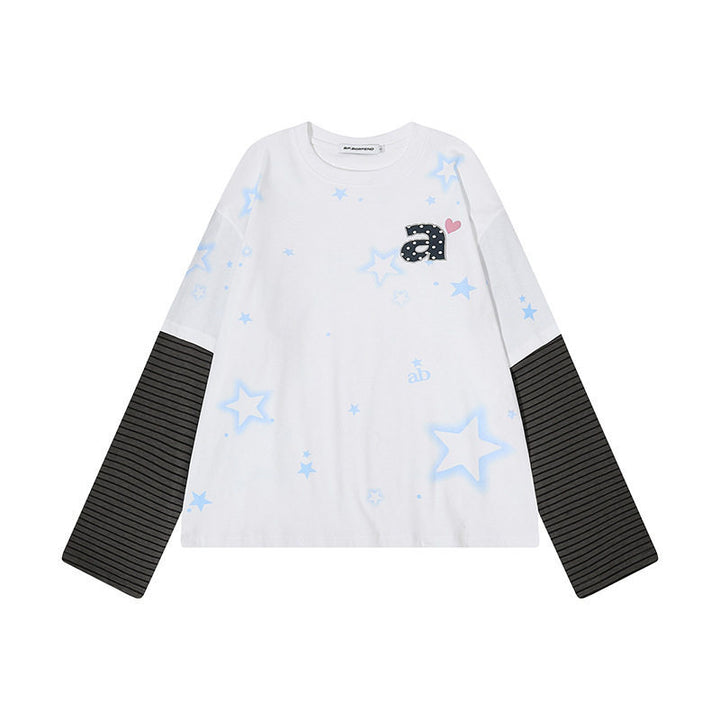 Damen Layered-Langarmshirt mit gestreiften Einsatzärmeln, Stern-Print und Applikation Drune