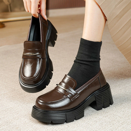 Damen Modische Loafers mit klobigem Absatz und glänzenden Applikationen Drune