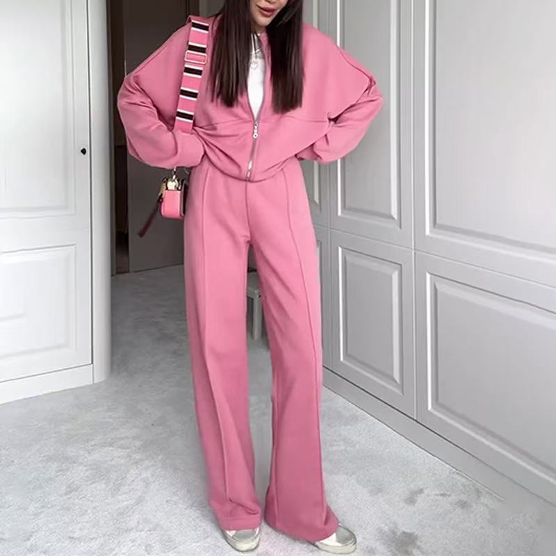 Damen nan kurz geschnittenes Blouson mit Reißverschluss und weiter High-Waist Jogginghose Set Drune