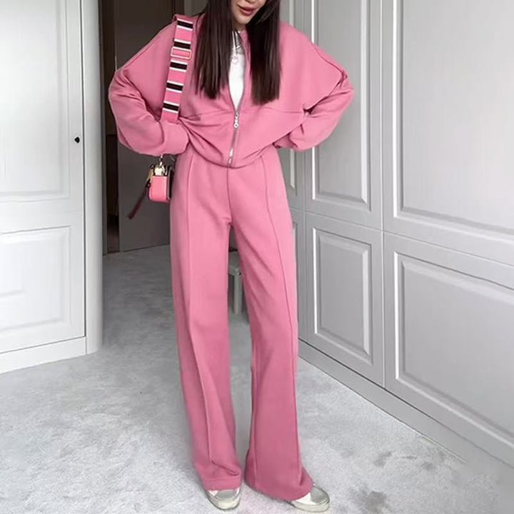 Damen nan kurz geschnittenes Blouson mit Reißverschluss und weiter High-Waist Jogginghose Set Drune