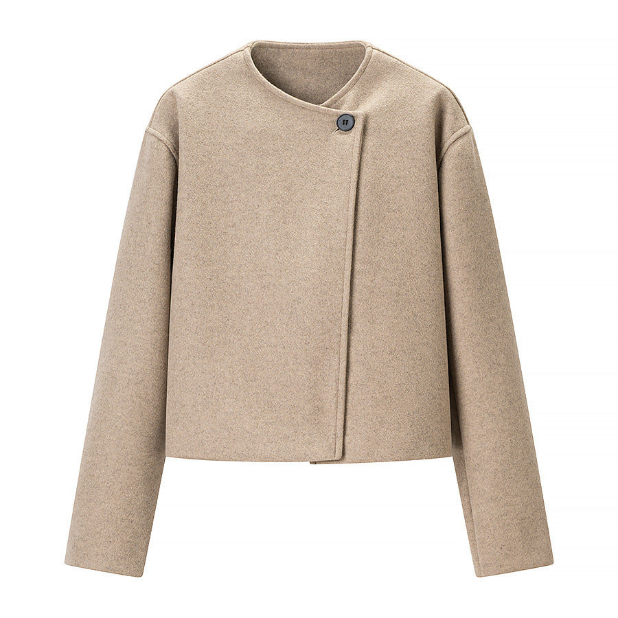Damen nan kurze kastige Wollmix Jacke mit asymmetrischer Knopfleiste und Rundhalsausschnitt Drune