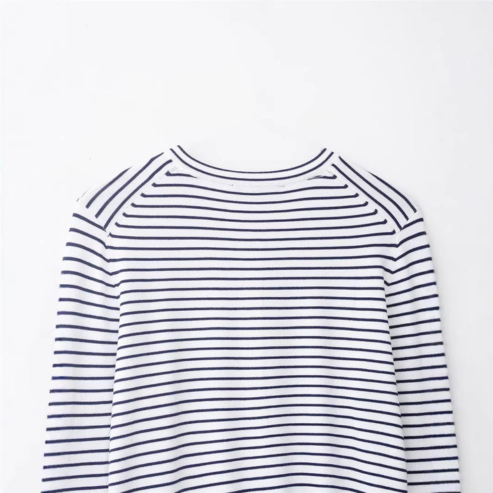 Damen Feinstrick-Cardigan mit maritimem Streifenmuster, Rundhalsausschnitt und Perlmuttknopfleiste Drune