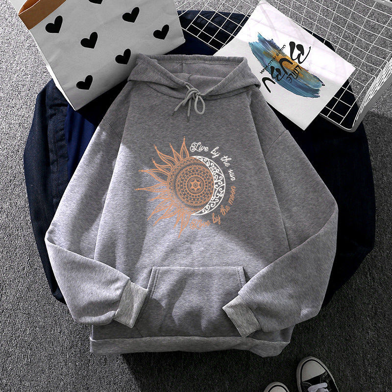 Damen nan Kapuzenpullover mit Sonn-und-Mond-Mandala, Kängurutasche und angerautem Fleece Drune