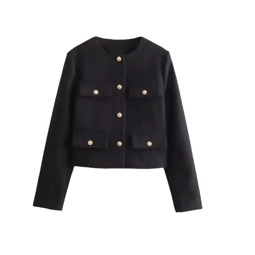 Damen kurzärmlige Utility-Jacke mit aufgesetzten Taschen und dekorativen Knöpfen Drune