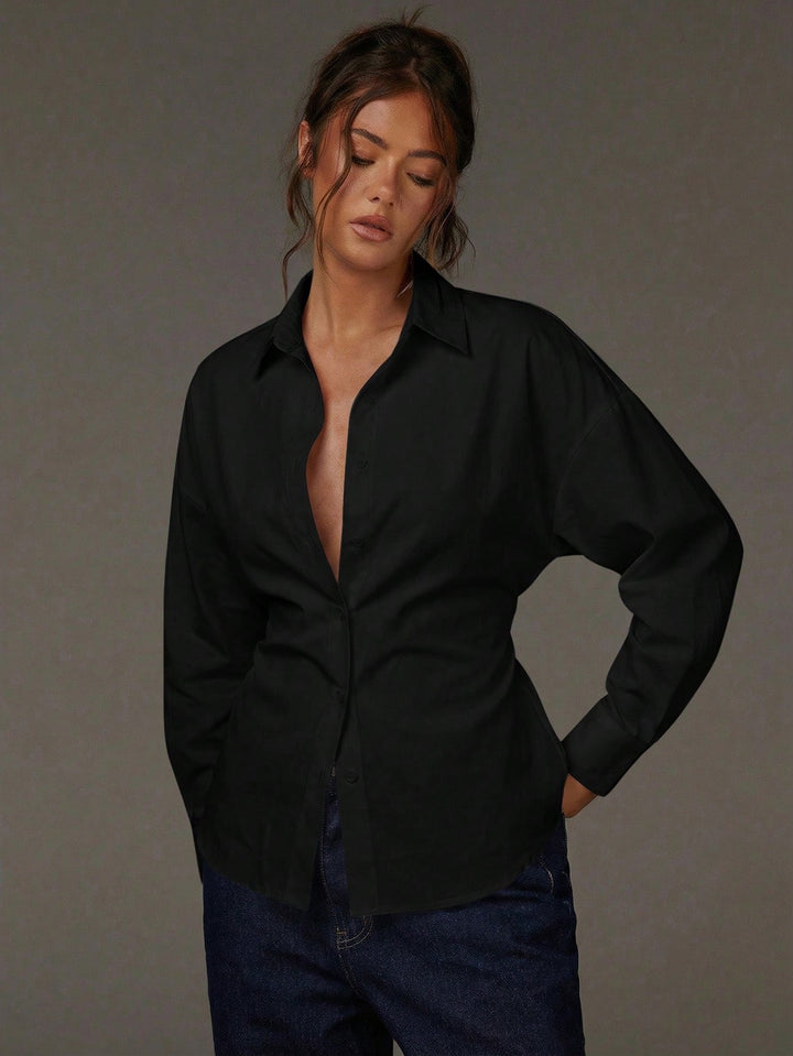 Damen Oversize Hemdbluse mit Nadelstreifen, überschnittener Schulter und taillierter Raffnaht Drune