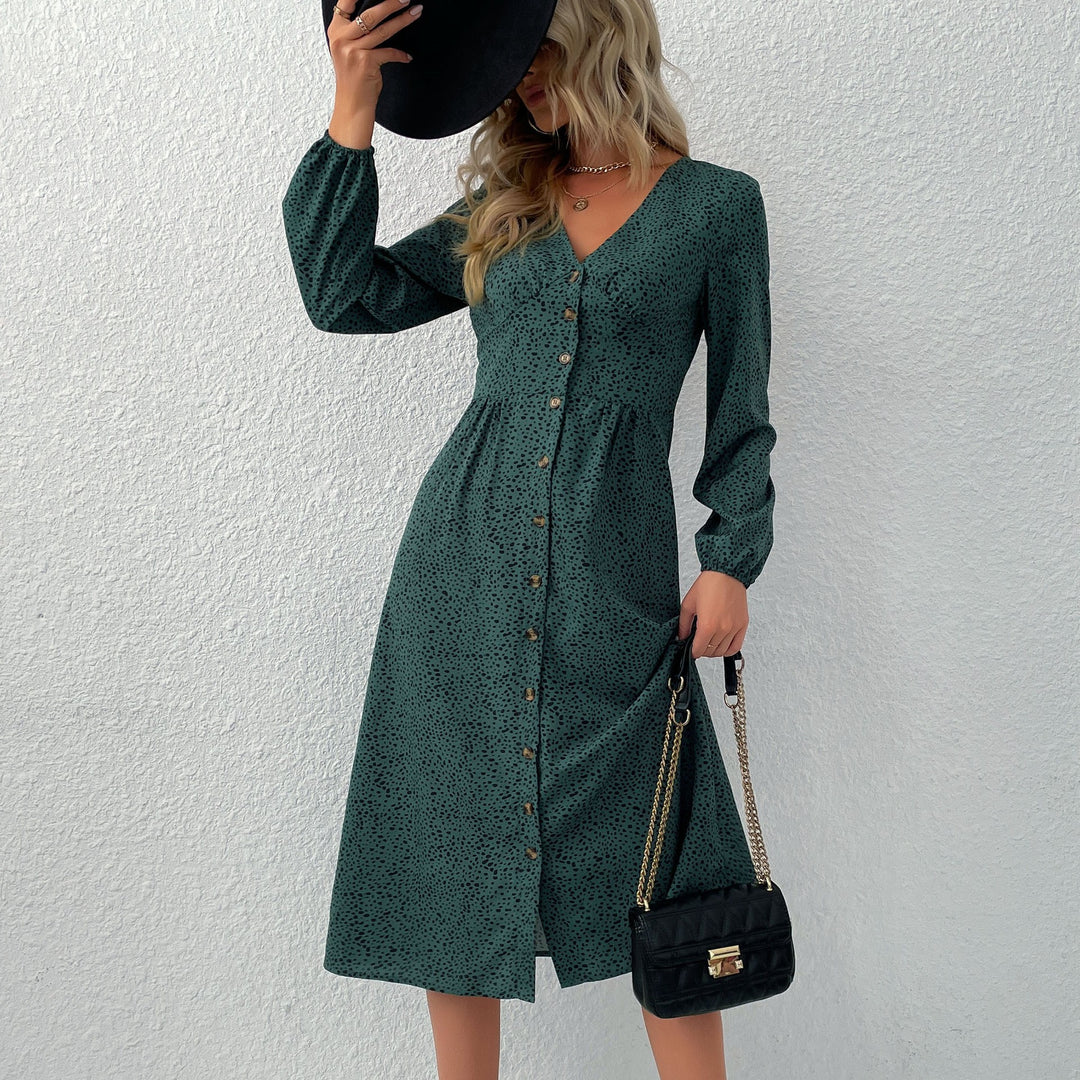 Damen V‑Ausschnitt Midikleid mit Knopfleiste, taillierter Schnitt und Ballonärmeln Drune