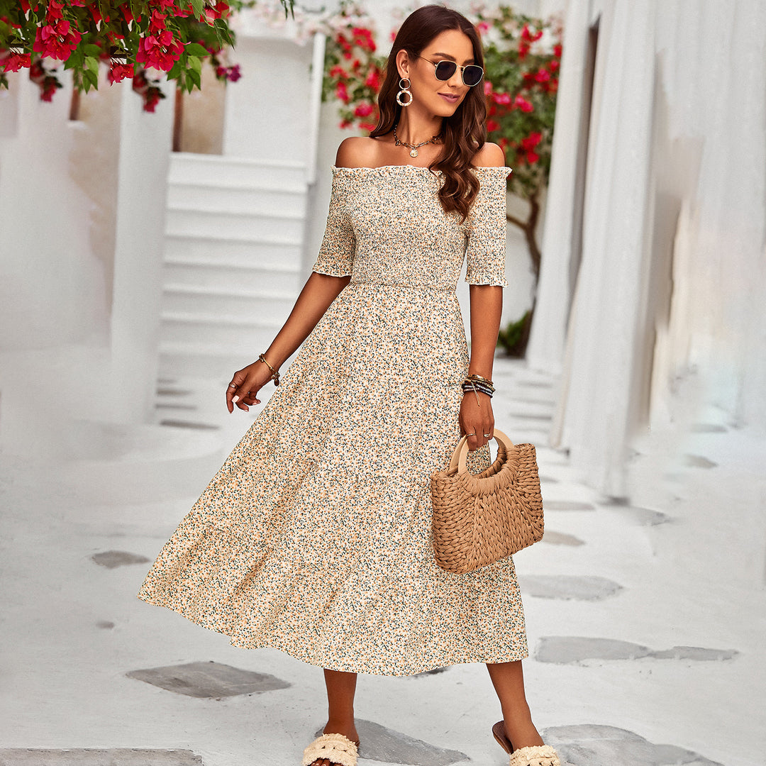 Damen Off-Shoulder Maxikleid mit floralem Design und schwingendem Saum Drune