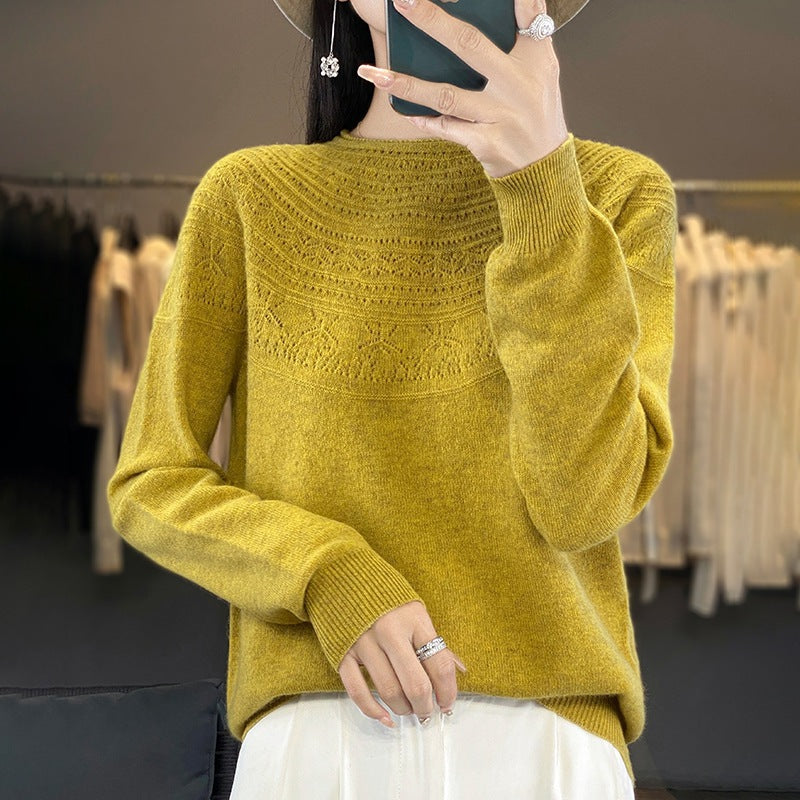 Damen Weicher Ajour‑Yoke Rundhalspullover in Kaschmir‑Optik Feinstrick Drune